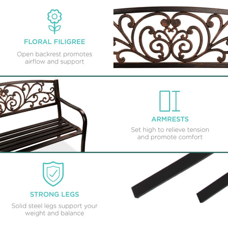 Best Choice Products Outdoor Bench Steel Garden Patio Porch Furniture for Lawn, Park, Deck w/Floral Design Backrest, Slatted Seat - Brown Best Choice Products