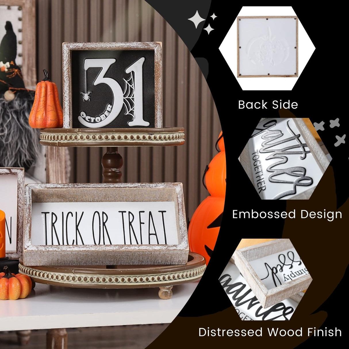 FESTWIND Halloween Home Decor, Happy Halloween Block Sign for Shelf, Mantel, Table, Halloween Decorations Indoor, Embossed Metal With Wood Frame FESTWIND