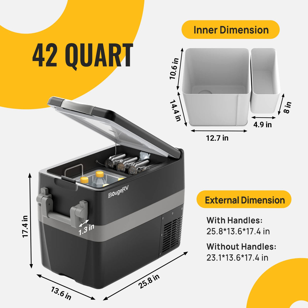 BougeRV 12V Refrigerator Fridge Freezer Portable Car Fridge 42 Quart Electric Cooler 12V/24V DC 110~240V AC for RV Camper Truck Jeep Pickup SUV Van Boat Camping Tailgating Road Trip Outdoor Travel BougeRV