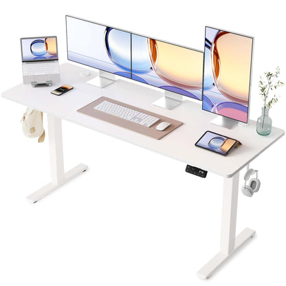 YIHAYO Adjustable Standing Desk, Electric Desk, 63 x 24 Inches Stand Up Desk with Splice Board, Adjustable Height Desk, Computer Desk for Home Office, White Frame/White Top