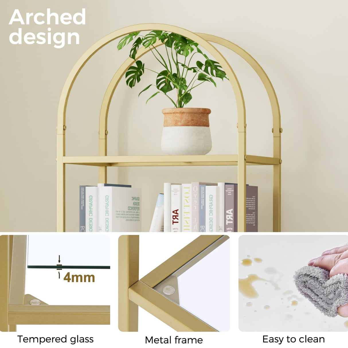 Homhedy Bookshelf Arched Display Racks,Metal Bookcase,Tempered Glass Shelves,Storage Rack Shelf for Home Office,Living Room,Bedroom, Bathroom,Modern Style (Golden, 11.8" D x 13.8" W x 68.1" H) Homhedy