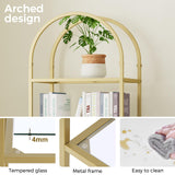 Homhedy Bookshelf Arched Display Racks,Metal Bookcase,Tempered Glass Shelves,Storage Rack Shelf for Home Office,Living Room,Bedroom, Bathroom,Modern Style (Golden, 11.8" D x 13.8" W x 68.1" H) Homhedy