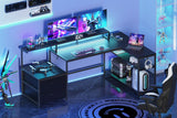 Bergoolin Black L-Shaped Gaming Desk with LED Lights, Power Outlets, and Ample Storage Bergoolin
