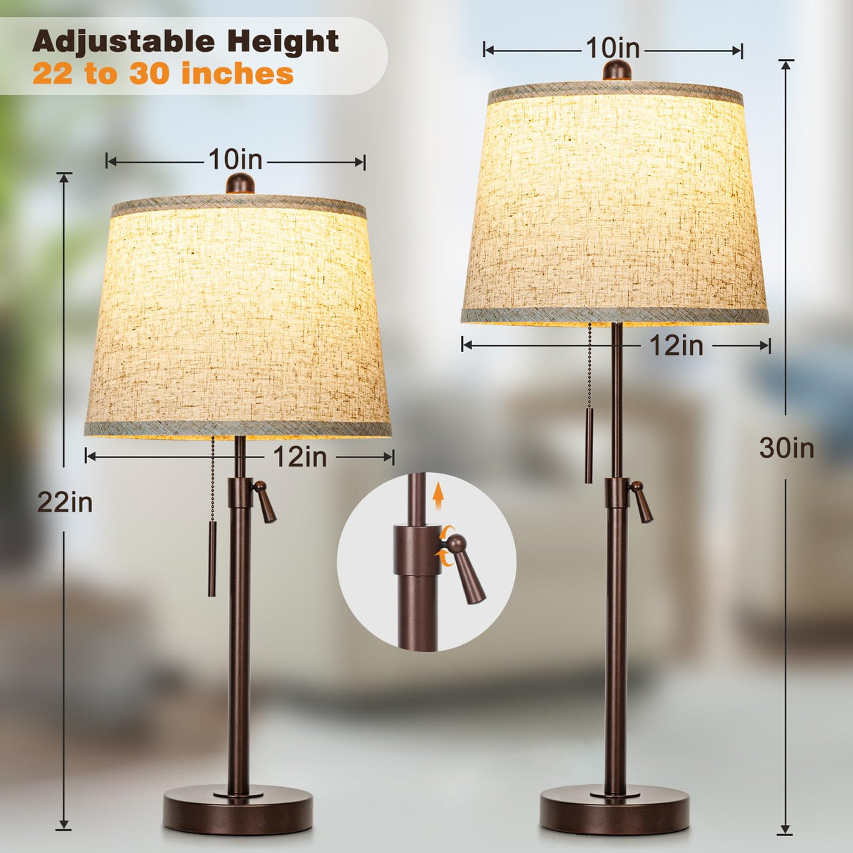 Table Lamps Set of 2, 22" to 30"Adjustable Height Bedside Lamps for Living Room 3 Color Temperatures Tall Nightstand Lamps Modern Brown Table Lamp for Bedroom Office End Table (Bulbs Included) JUNNAI