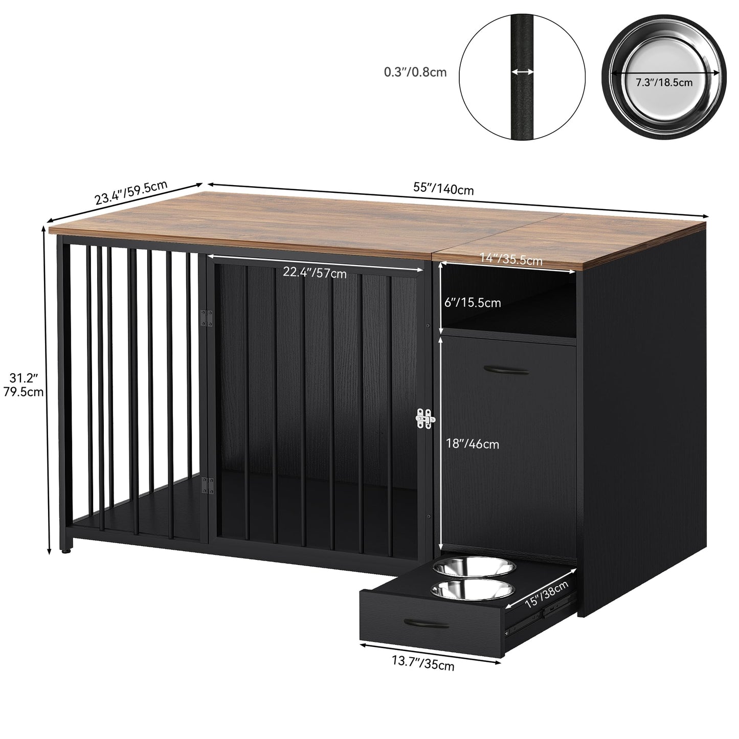 YITAHOME Dog Crate Furniture with Feeder Bowls, 55" Large Breed Dog Kennel with Storage Drawer, Heavy Duty Dog House TV Stand Indoor for Medium Dogs, Black