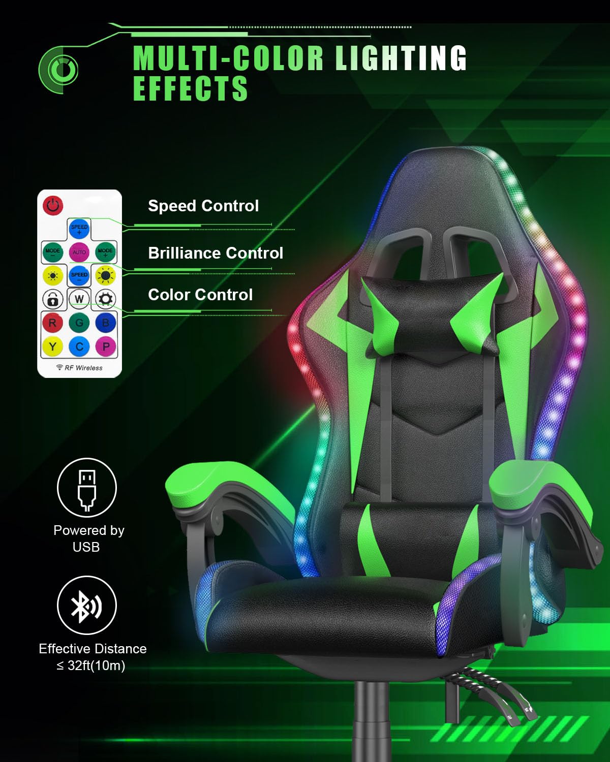 Gaming Chair with RGB LED Lights, Ergonomic Computer Chair for Adults with Headrest and Lumbar Support, Reclining Gamer Chairs with Racing Style, Swivel Seat, Backrest and Adjustable Height, Green