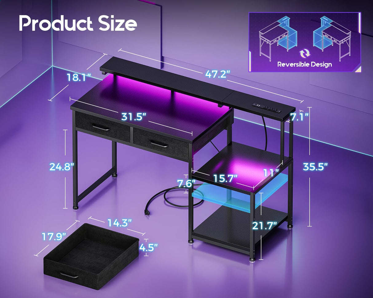 ODK Gaming Desk with Led Lights & Power Outlet, 48 Inch Computer Desk with Drawers, Office Desk with Large Display Storage Shelves, Reversible Desk with Monitor Stand for Home, Carbon Fiber Black ODK