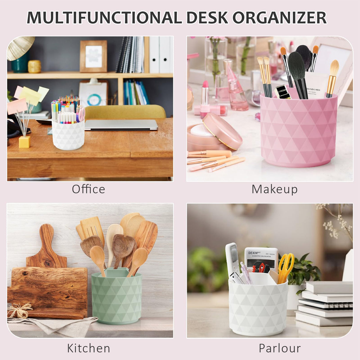 Nuozme Desk Organizer, 360-Degree Rotating Pencil Pen Holders For Desk, Diamond Pattern Pen Organizer With 5 Compartments, Cute Desk Accessories Decor For Office, School,Home,Art Supply (White) Nuozme