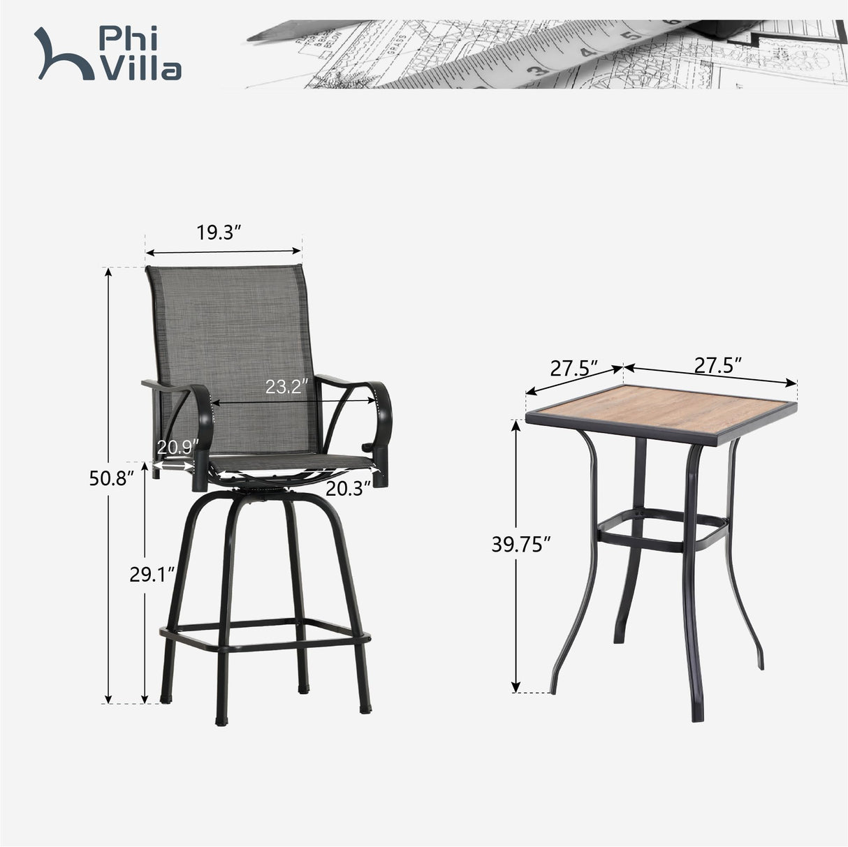 PHI VILLA 5 Piece Outdoor Bar Set, High Top Patio Table and Chairs with 4 Swivel Bar Stools (Grey) & Square Bar Bistro Table for Garden, Yard PHI VILLA