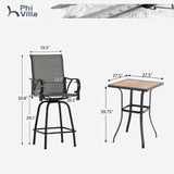 PHI VILLA 5 Piece Outdoor Bar Set, High Top Patio Table and Chairs with 4 Swivel Bar Stools (Grey) & Square Bar Bistro Table for Garden, Yard PHI VILLA