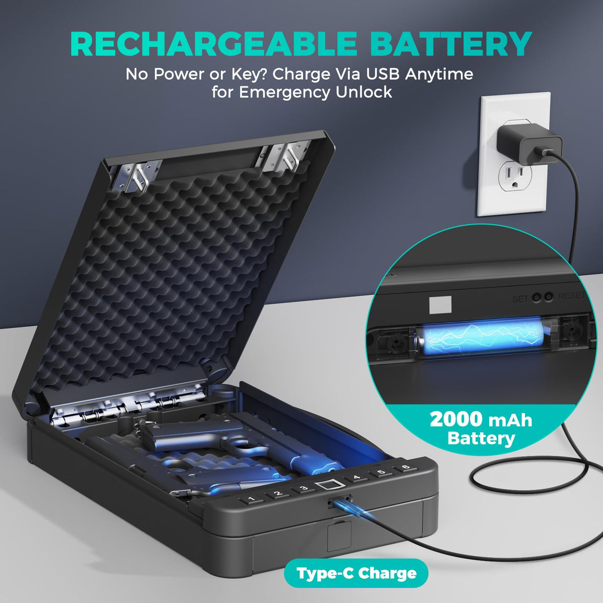 Miisekmy Gun Safe for Handgun Biometric Gun Safe for 2 Pistols, Quick Access Handgun with Fingerprint PIN or Key Lock Rechargable Handgun Safe, for Home Car Travel Nightstand Bedside or Drawer ﻿ Miisekmy