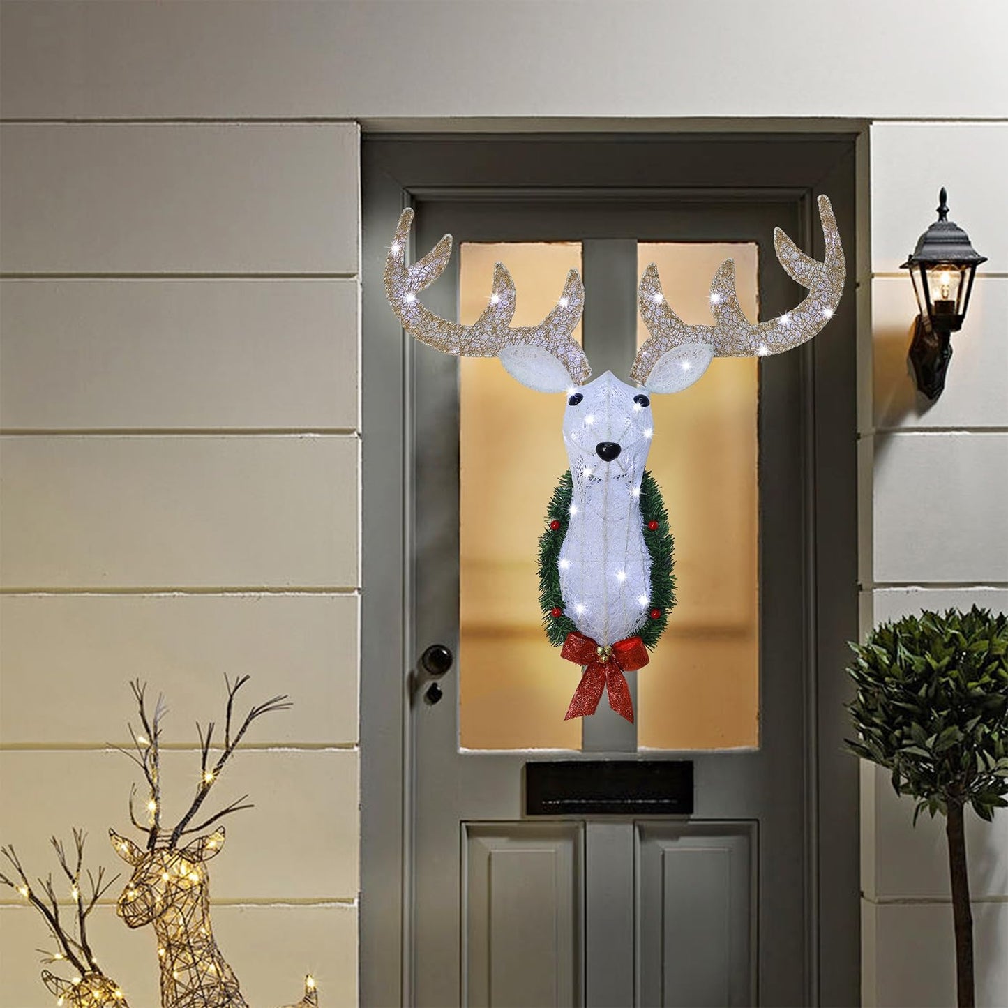 WATERGLIDE Lighted Christmas Wall Decor Reindeer Head, 28" Pre-Lit 3D Rudolph Hanging Wreath with Battery Operated, 8 Modes & Timer, Light Up for Front Door Window Indoor Outdoor Festive Xmas Holiday