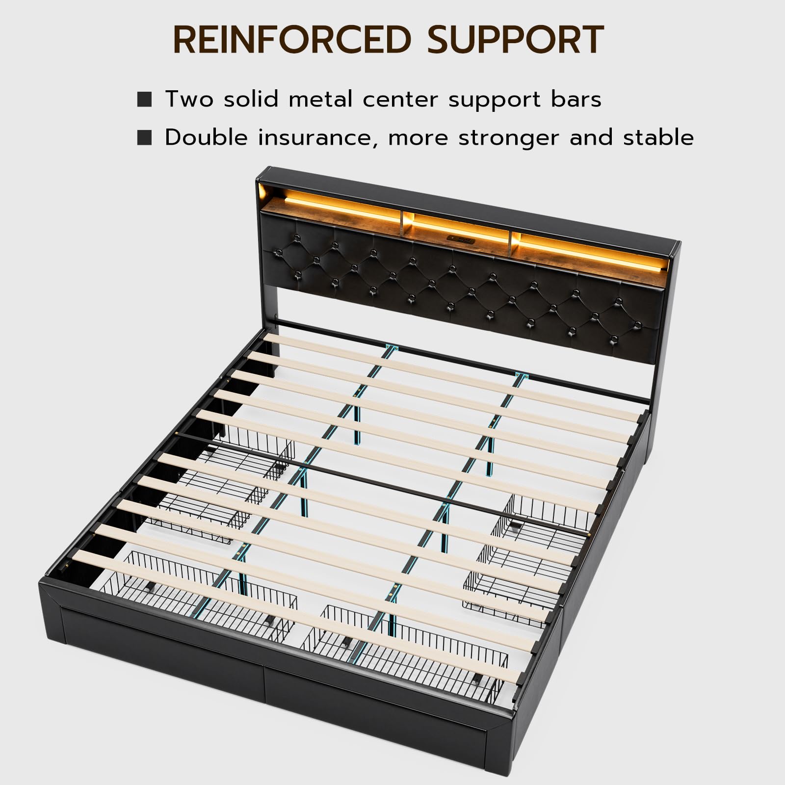 IKIFLY King Size Upholstered Bed Frame with Charging Station, 4 Storage Drawers & LED Lights - WoodArtSupply