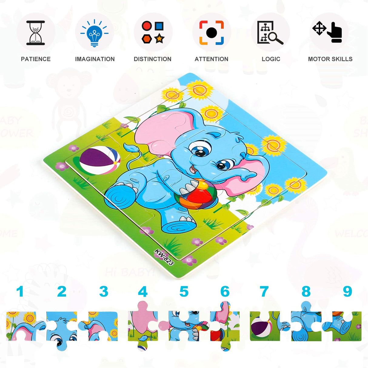 NASHRIO Wooden Puzzles for Toddlers 2-5 Years Old(Set of 6), 9 Pieces Preschool Educational and Learning Animal Jigsaw Puzzle Toy Gift Set for Boys and Girls NASHRIO