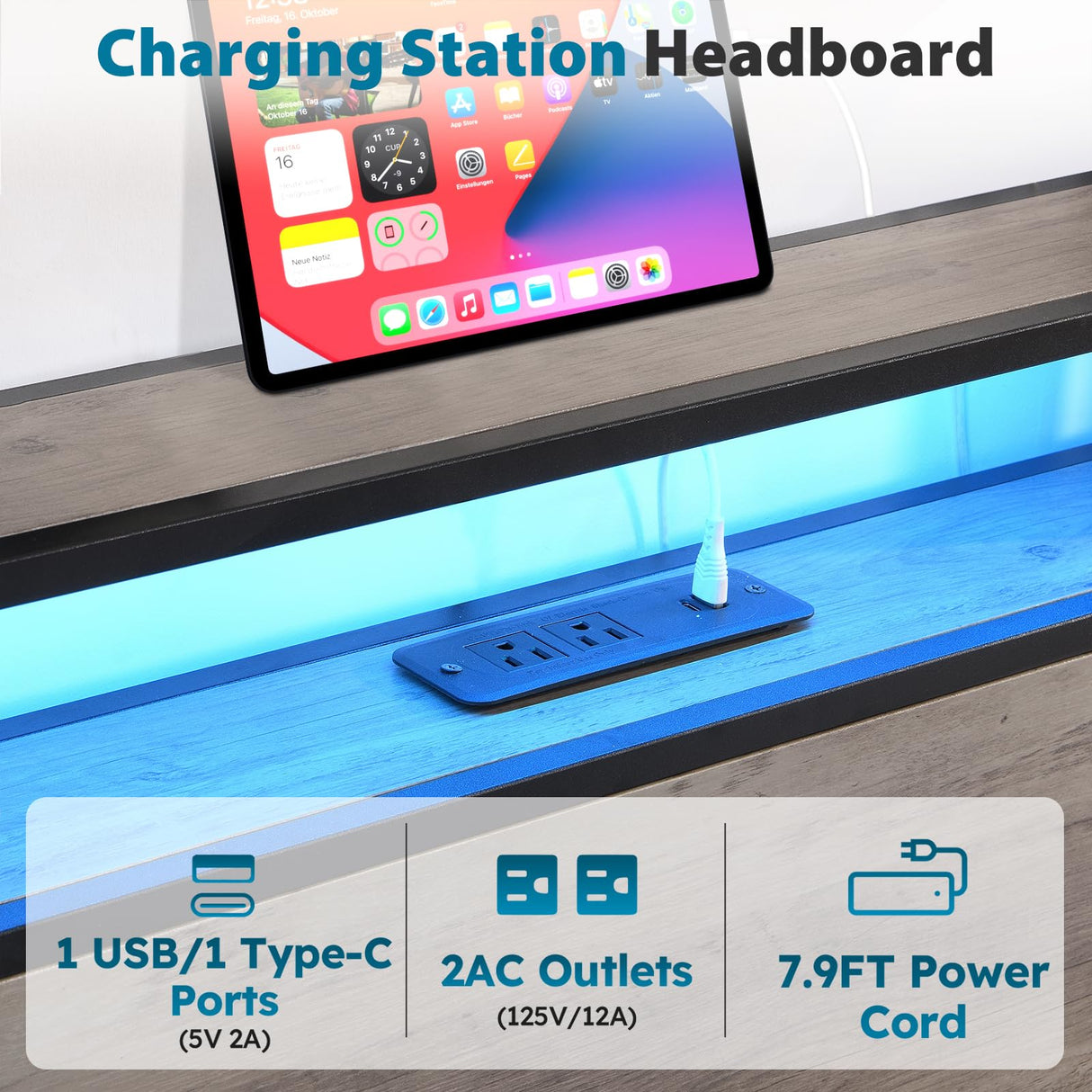 Kiivakii Grey Full Size Bed Frame with LED Lights, 4 Storage Drawers & Charging Station Kiivakii