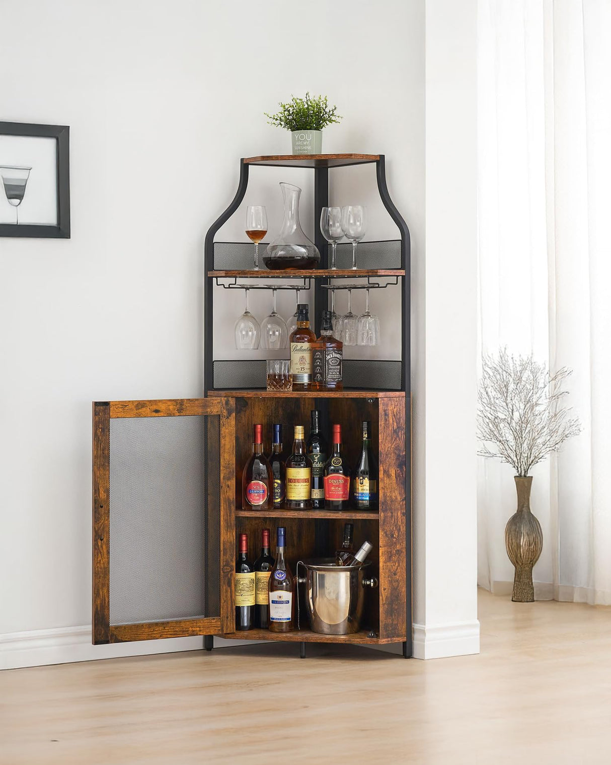 Tioutbot Corner Bar Cabinet with LED Light, Wine Bar Cabinet and Glass Holder, 5-Tiers Storage Space, Industrial Wine Rack for Small Space, Dining Room Tioutbot