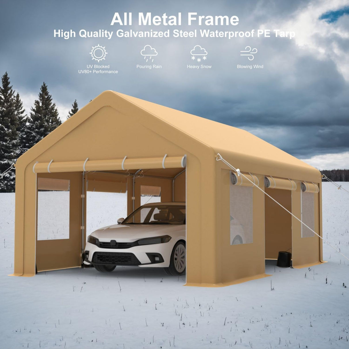 13x20FT Portable Garage, 13'x20' Carport Heavy Duty, Galvanized Frame & 180 g PE Waterproof Canopy, with 2 Doors, and 4 Windows, for Pickup Truck, and Boat Hipicute