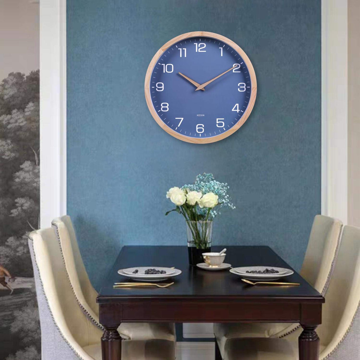 Kesin Wall Clock 12 Inch Silent Non Ticking Wood Wall Clocks Battery Operated - Wooden Blue Modern Simple Clock Decorative for Kitchen,Living Room,Bedroom,Kid’s Room Kesin