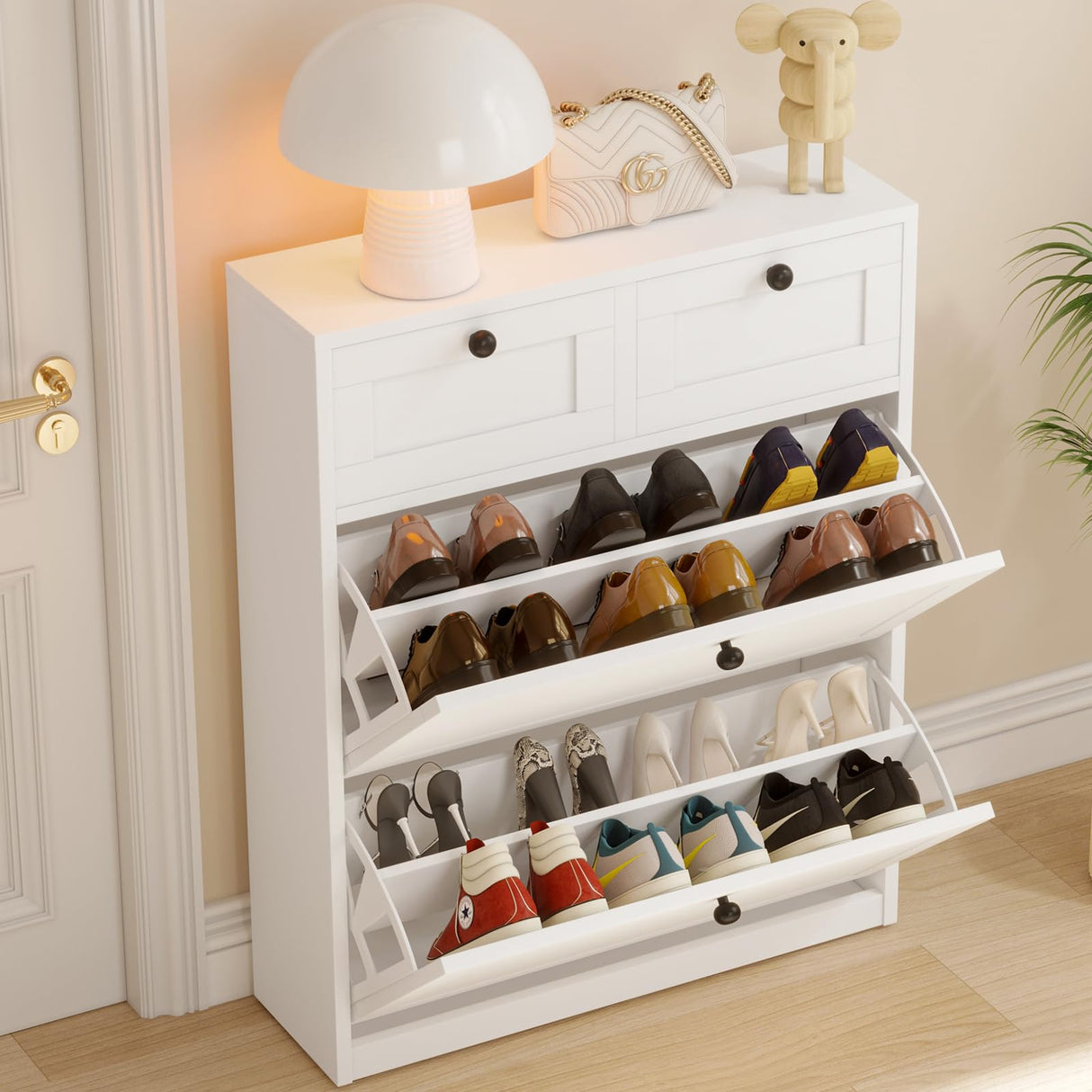 VOWNER Shoe Cabinet with 2 Flip Drawers & 2 Drawers, Freestanding Shoe Storage Cabinet with Adjustable Shelves, Shoe Organizer for Entryway, Hallway, Living Room (White) VOWNER