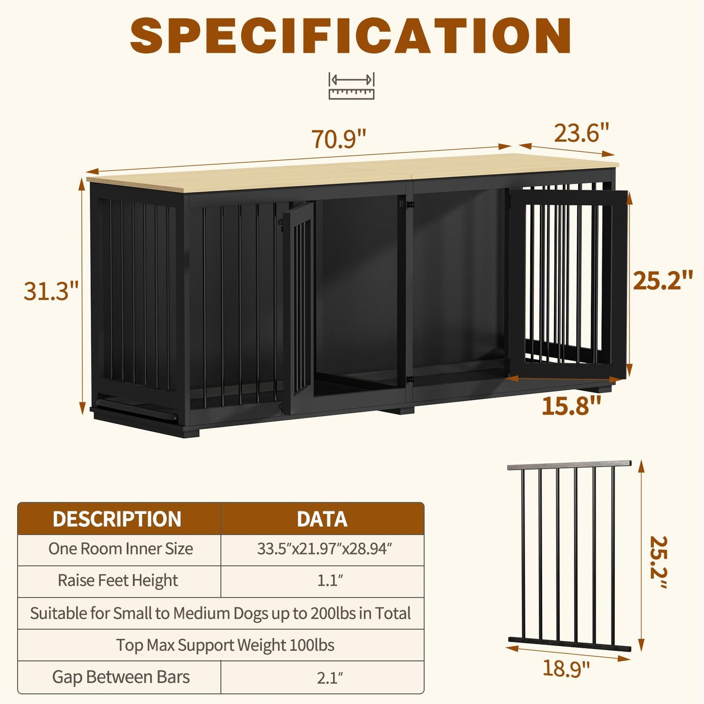 DAWNSPACES Double Dog Crates Furniture for Large Dogs, 71" Heavy Duty Wooden Kennel with Tray & Removable Divider for 2 Dogs, Indoor Furniture Style Dog Crate House TV Stand, Black - WoodArtSupply