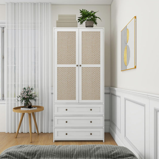 YHAOWORKS Armoire Wardrobe Closet with Drawers - Rattan Clothing Storage Cabinets with 2 Woven Doors, 71" Wood Wardrobe Cabinet with Hanging Rod for Bedroom (White)