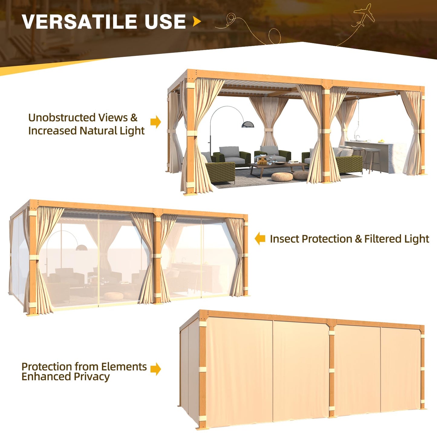 MELLCOM Louvered Pergola 12x20, Aluminum Pergola with Adjustable Louvered Roof, Wood Grain Outdoor Pergola with Waterproof Curtains and Nets - WoodArtSupply