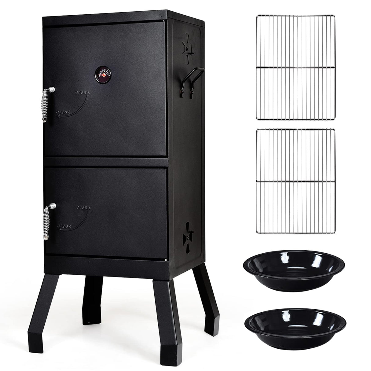 Giantex Outdoor Smoker with Double Doors, 2 Detachable Grill Netting Smoking Racks, Charcoal Pan & Water Pan, 4 Air Vents, Thermometer, Vertical Charcoal Smoker for Barbecue Camping Backyard Grill Giantex