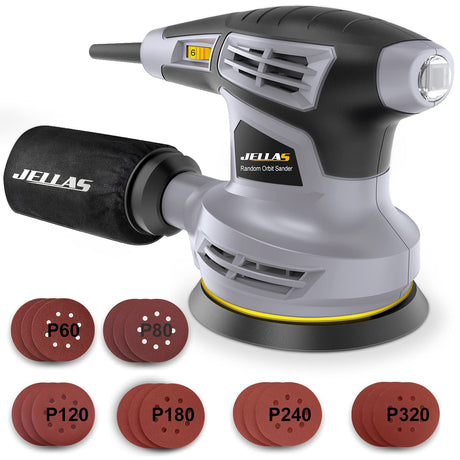 Jellas 5-Inch Random Orbital Sander with 18Pcs Sandpapers, 13000RPM 6 Variable Speed Sander Machine, High Performance Dust Collection System for Woodworking, 2.5A, Dust Collection Bag Include - OS280 Jellas