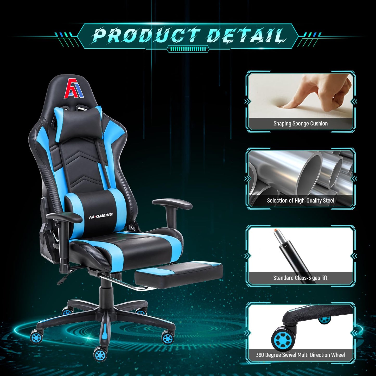 AA Products Gaming Chair Ergonomic High Back Computer Racing Chair Adjustable Office Chair with Footrest, Lumbar Support Swivel Chair - Upgraded Version BlackBlue