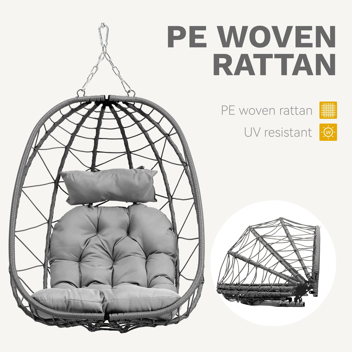 DWVO Egg Hanging Swing Chair with Stand Egg Chair Wicker Egg Chair with Cushions 330lbs for Patio, Bedroom, Garden and Balcony, Gray DWVO