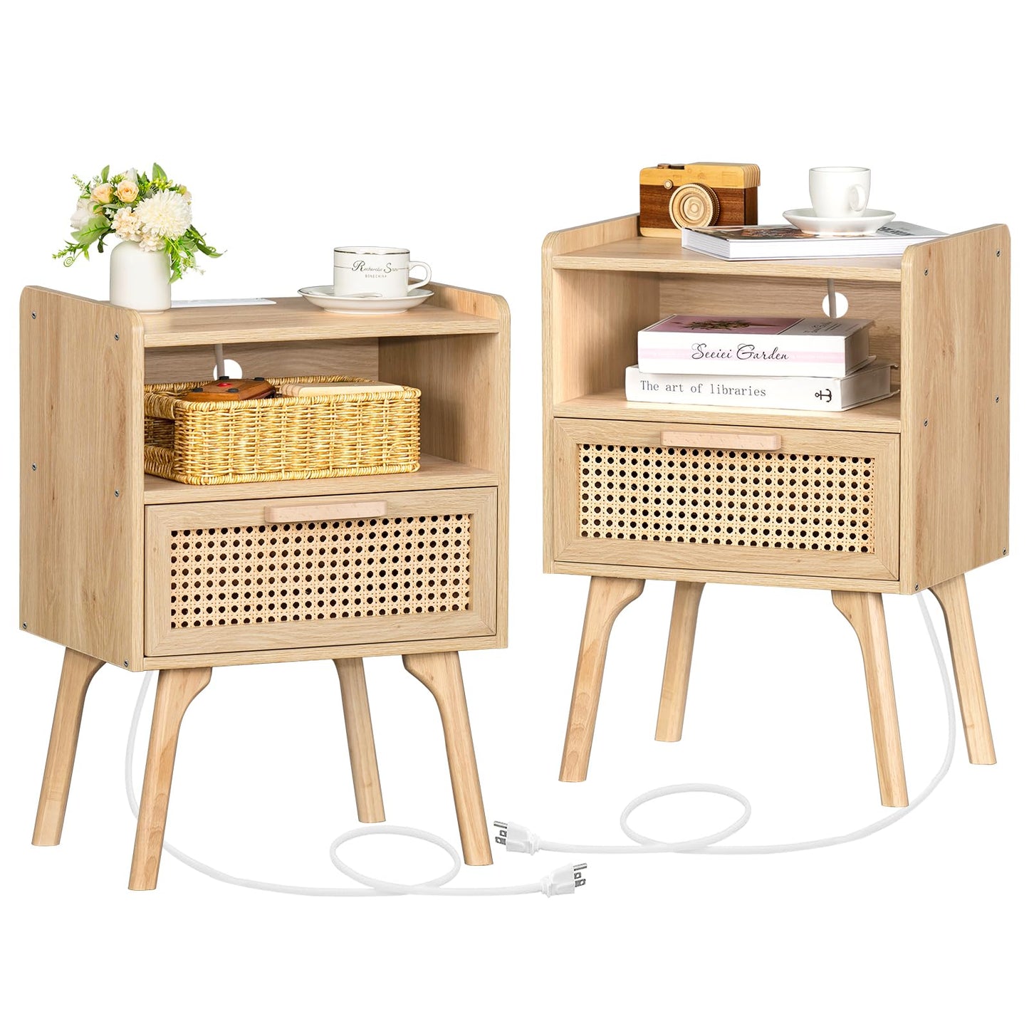 Lerliuo Rattan Nightstands Set of 2 with Charging Station, Boho Side Table with Drawer Open Shelf, Cane Accent Bedside End Table with Solid Wood Legs for Bedroom, Dorm and Small Spaces (Natural)