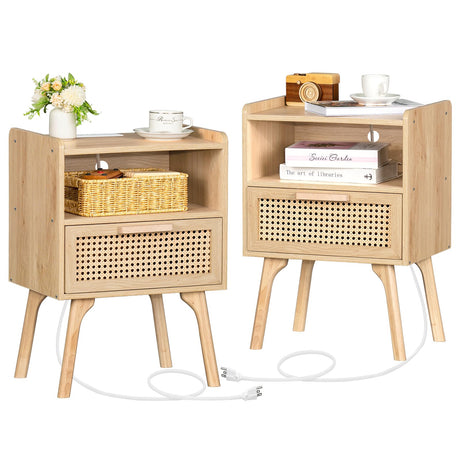 Lerliuo Rattan Nightstands Set of 2 with Charging Station, Boho Side Table with Drawer Open Shelf, Cane Accent Bedside End Table with Solid Wood Legs for Bedroom, Dorm and Small Spaces (Natural) Lerliuo