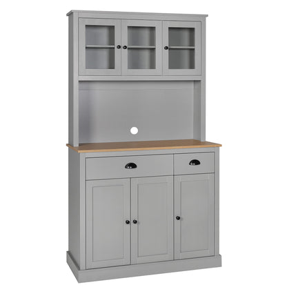 VEIKOU Kitchen Pantry Cabinet, 71" Buffet with Hutch, Freestanding Storage Cabinet with Adjustable Shelves & Glass Doors, Tall Cupboard Pantry Cabinet with Large Countertop, Grey - WoodArtSupply