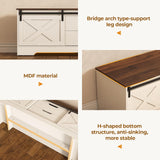 UPOSOJA Farmhouse Storage Bench with Cushion, Shoe Rack with Slide Barn Doors, Adjustable Shelf and 2 Drawer for Entry, Bedroom, Closet, Living Room, Hallway (White Brown, 59.8 in) UPOSOJA