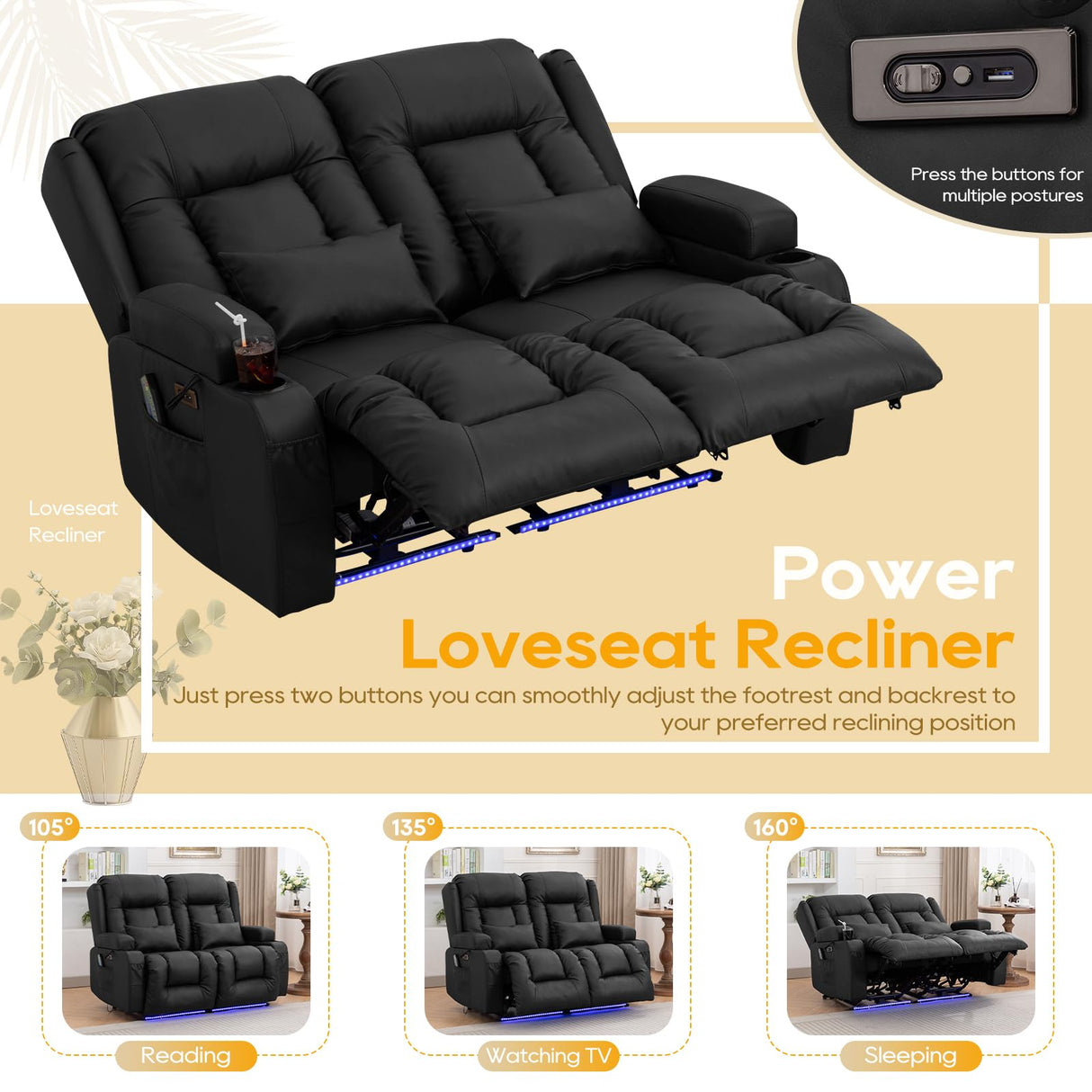 IPKIG 54" Power Loveseat Recliner Sofa, Electric Home Theater Seating with Massage Heat/4 Colors Ambient Lights/USB Port/Side Pocket/Cup Holder for Living Room, Bedroom, Home (Black, 2 Seater) IPKIG
