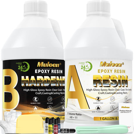 Epoxy Resin 1 Gallon - Crystal Clear Epoxy Resin Kit, 2 Part Casting Resin for Art, No Yellowing, No Bubble, Self Leveling, High Gloss, Suitable for DIY Jewelry, Resin Craft, Desktop Coating, Casting Muloen