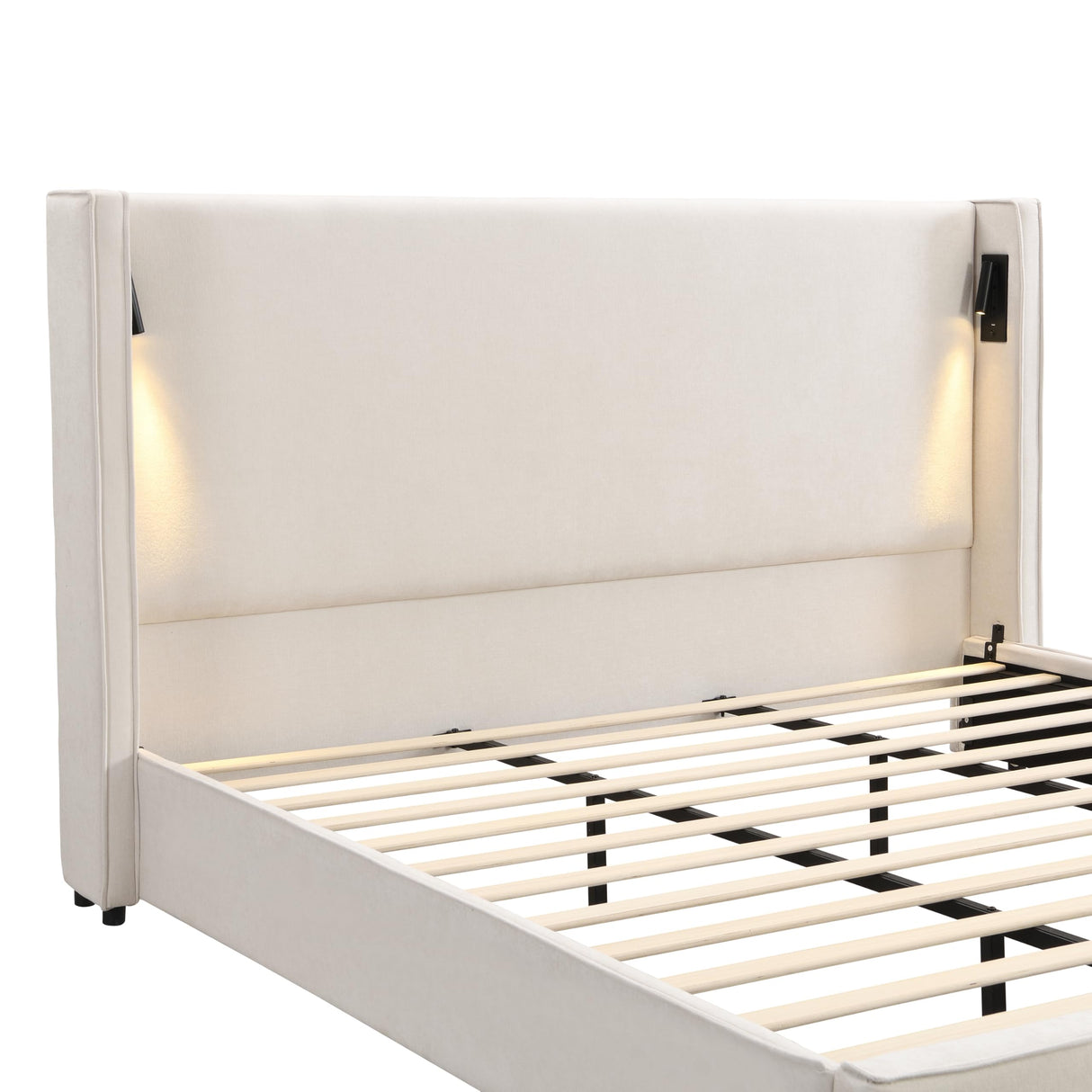 Christopher Knight Home Hazel 49.20" H King Headboard Bed, Upholstered King Size Bed, Slats Panel Support Platform, No Spring Box Needed, Wingback Headboard with Reading Lamps and USB, Beige Christopher Knight Home