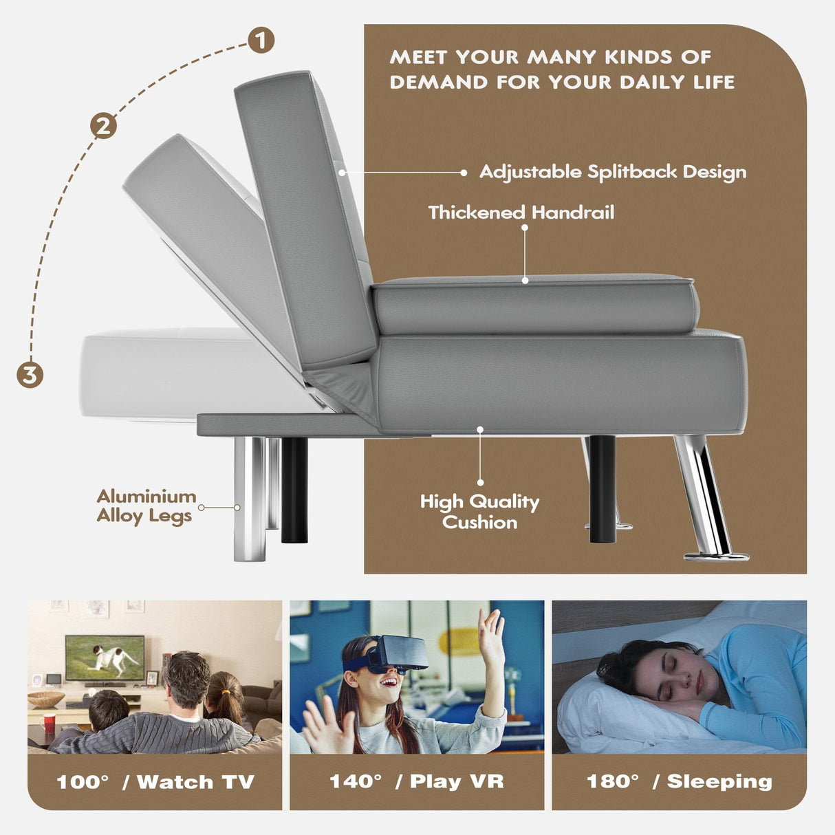 Homall Futon Sofa Bed, Leather Futon Couch with Removable Armrests, Adjustable Recliner Sleeper Sofa Bed with Dual Cup Holders for Living Room, Apartment, Office (Grey) Homall