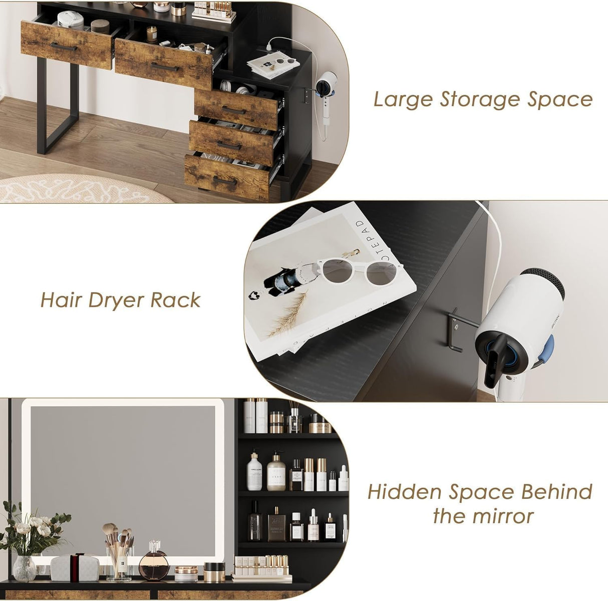 Makeup Vanity Desk with Sliding Mirror and Lights, Large Dressing Table with Charging Station, 3 Lighting Modes, 5 Large Drawers and 3 Tiers of Open Shelves for Bedroom, Dark Brown GarveeHome