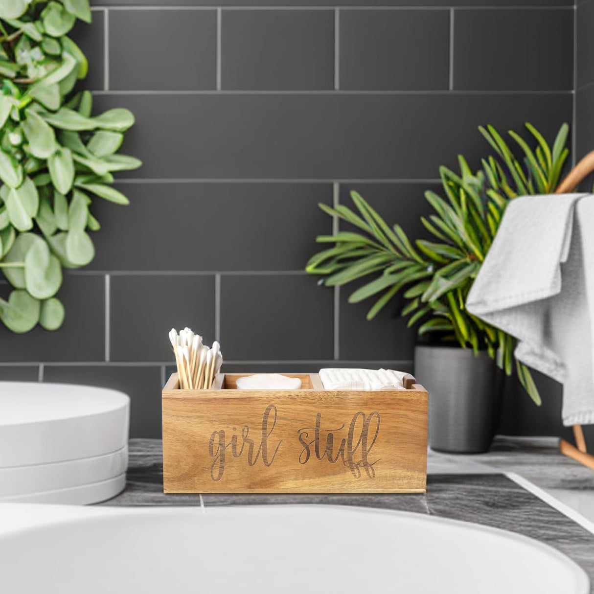 LBEMEY Acacia Wood Makeup Brush Holder, Organizer for Tampon, Cotton roud pads, Cotton Swab, Makeup,3 Compartments bathromm canister storage organization, Vanity Makeup Organizer, Tampon Holder LBEMEY