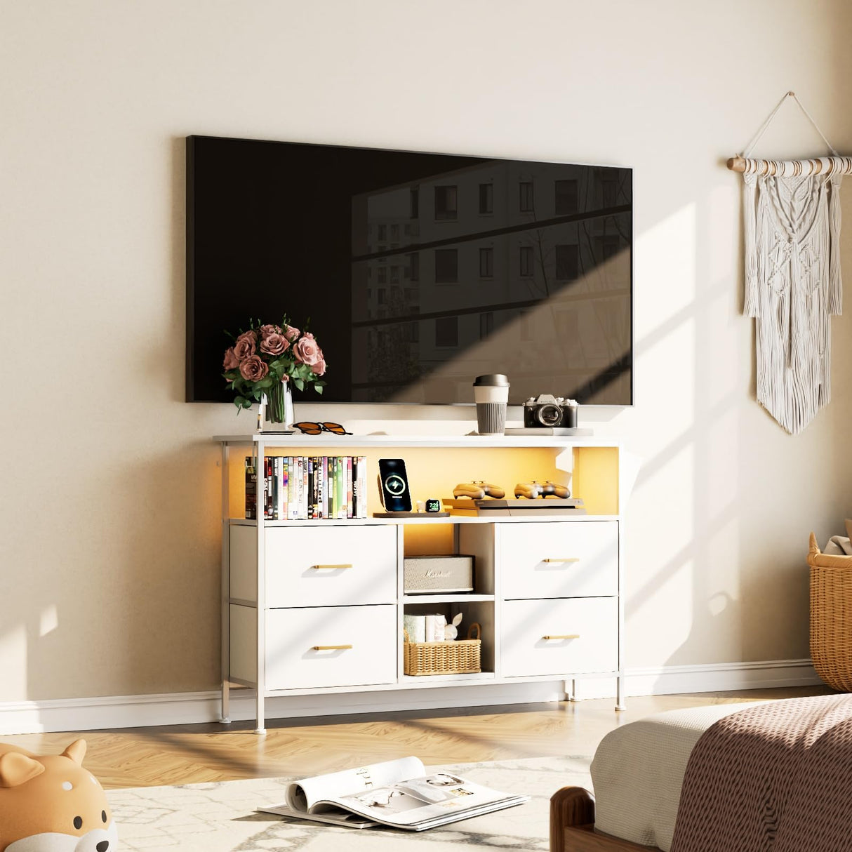 YIPPPPE Dresser TV Stand with Power Outlet for 50'' TV, White TV Stand with LED, Storage Cabinet TV Stand, Entertainment Center with 4 Deep Drawers, Wide Chest of Drawer for Storage in Bedroom YIPPPPE