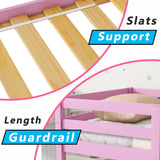 Anwick Twin Over Twin Low Bunk Bed with Stairs and Rails, Wooden Bunk Beds Frame with Safety Guardrail and Slats for Toddlers, Kids, Teens, Boys, Girls, Noise-Free (Pink) Anwick