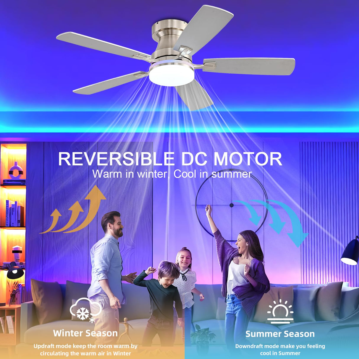 Ayaoty Ceiling Fans with Lights, 48 inch Low Profile Ceiling Fan with Light and Remote Control, Flush Mount RGB Dimmable Light, Noiseless, Nickel Ceiling Fan for Bedroom Indoor/Outdoor Use Ayaoty
