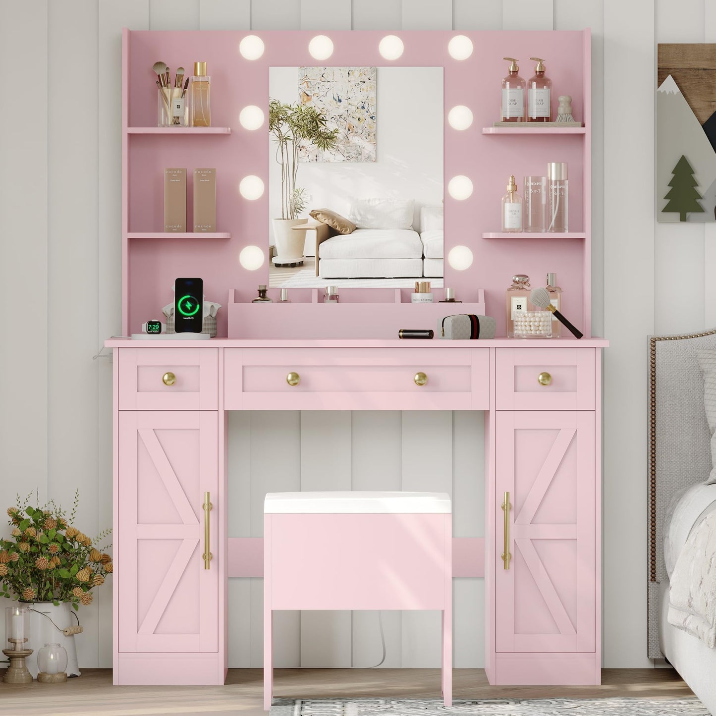 Vanity Makeup Desk with Mirror and Lights, Farmhouse Vanity Table Set with Storage Drawers, Charging Station & Chair, 43" Large Rustic Dressing Table, 3 Lighting Modes for Women Girls Bedroom, Pink