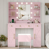 Vanity Makeup Desk with Mirror and Lights, Farmhouse Vanity Table Set with Storage Drawers, Charging Station & Chair, 43" Large Rustic Dressing Table, 3 Lighting Modes for Women Girls Bedroom, Pink Xixini