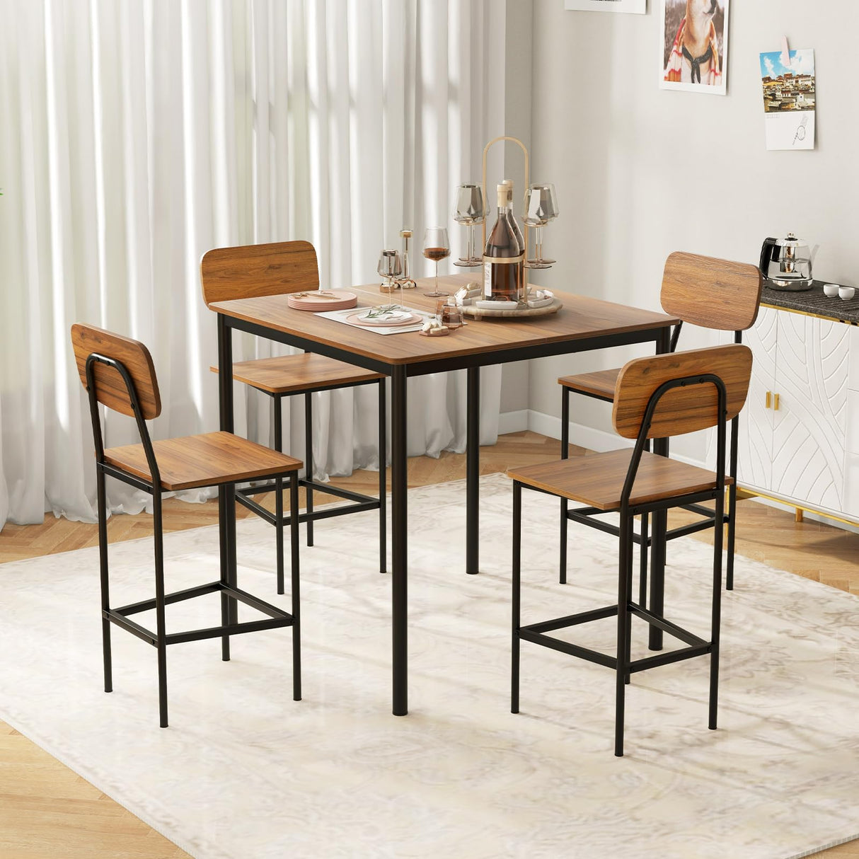 Giantex 5-Piece Dining Table Set W/Counter Height Table & 4 Bar Stools, Industrial Kitchen Dining Table Set W/Footrest & Backrest, Space-Saving Dinette Set for Pub, Dining Room, Restaurant (Walnut) Giantex