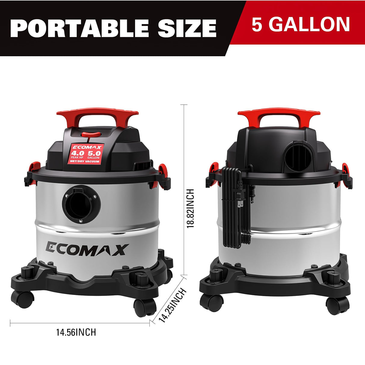 ECOMAX Wet Dry Vac 5 Gallon, 4 Peak HP, Portable Stainless Steel Shop Vacuum Wet/Dry with Powerful Suction-85 CFM, 3-in-1 Wet/Dry/Blow, Shop Vacuum for Home, Workshop, Jobsite, EM18115 ECOMAX
