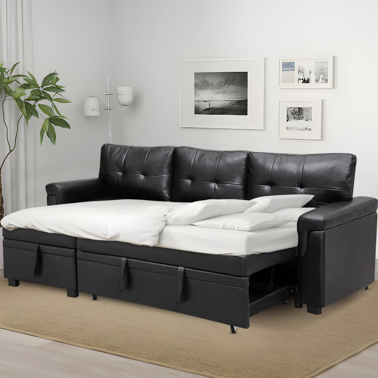 Naomi Home Transform Any Space: Sleeper Sectional Sofa with Convertible Sofa Bed & Inviting Chaise. Find Tranquil Comfort with Stress-Relieving Design & Durable Cushions - Black/Air Leather Naomi Home