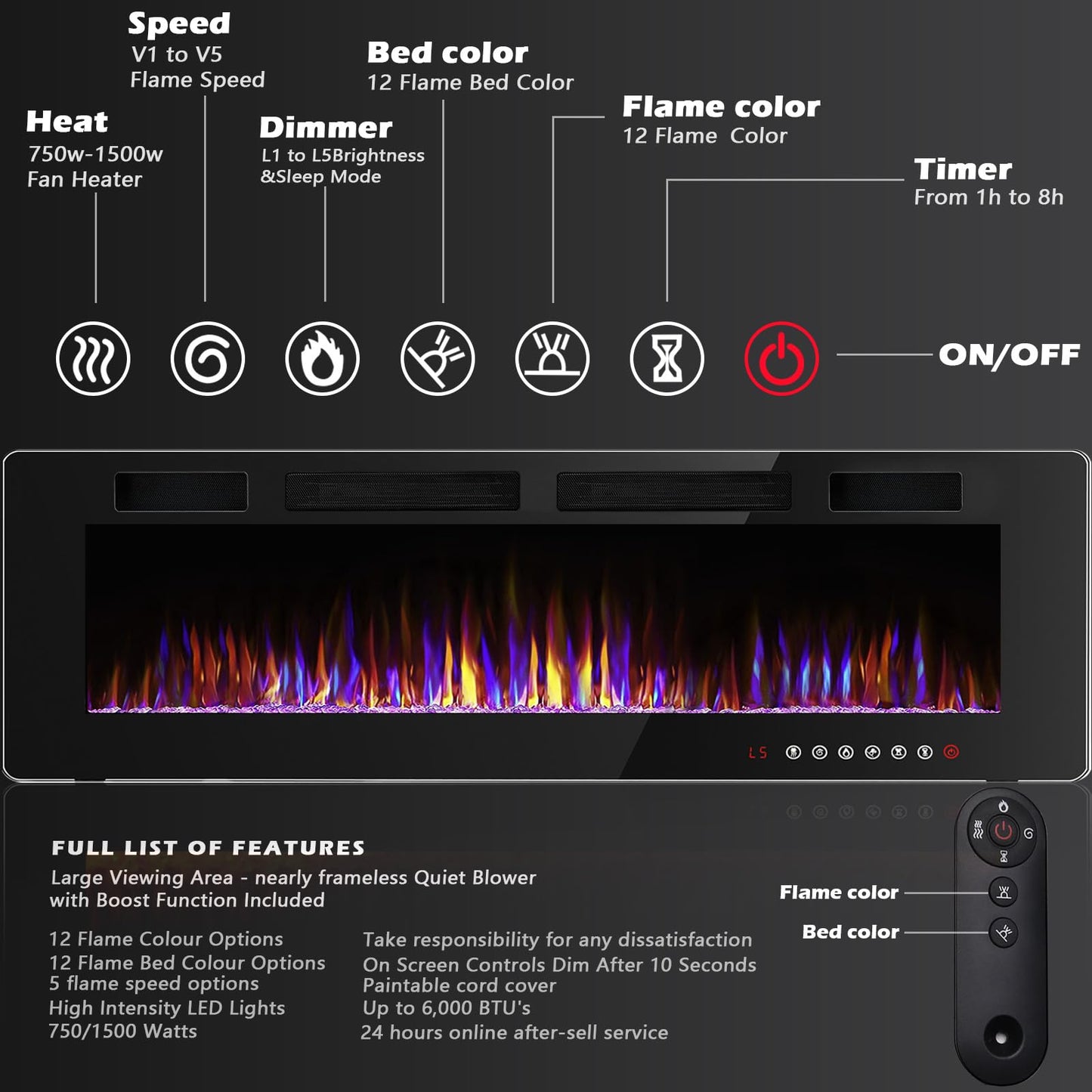 BOSSIN 72 inch Ultra-Thin Silence Linear Electric Fireplace, Recessed Wall Mounted Fireplace,750w/1500w, 12 Adjustable Flame Color & Speed,with Timer/Touch Screen Remote