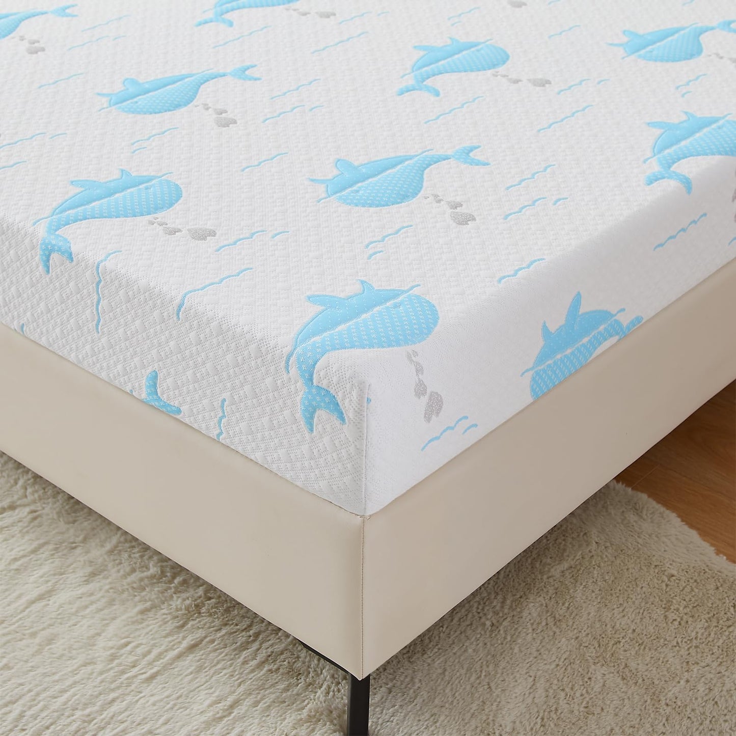 OUUI 5 Inch Twin Mattress for Kids, Removable Washable Cover with Whales Pattern Cooling Memory Foam Medium Feel, Bed-in-a-Box, CertiPUR-US Certified, Twin, White/Blue